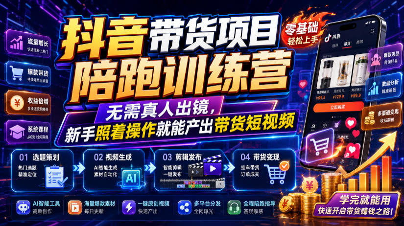 抖音带货陪跑：无需真人出镜，从选品到流量全链路一站式落地 - 创享网-创享网
