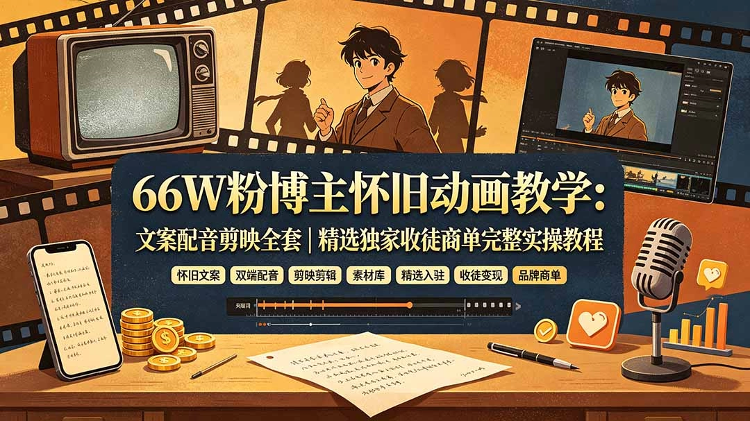66W粉博主怀旧动画教学：文案×配音×剪映×变现，从0到1全套实战 - 创享网-创享网