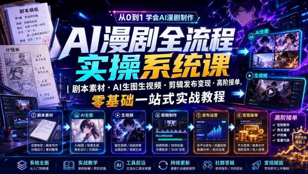 AI漫剧全流程实操:剧本·生图生视频·剪辑发布·接单变现一站式教学-创享网
