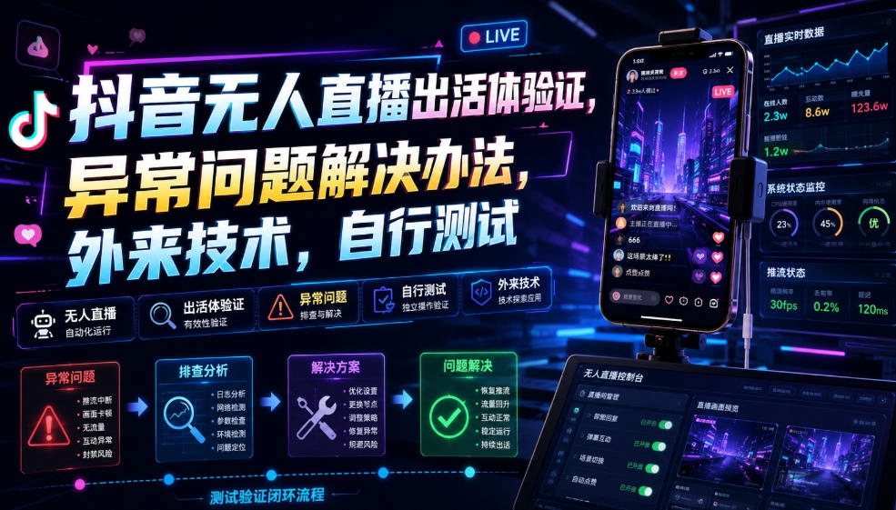 抖音无人直播出活体验证，异常问题解决办法，外来技术自行测试-创享网