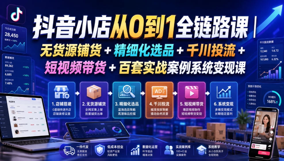 抖音小店从0到1全链路，无货源铺货到千川投流，百套实战案例系统变现 - 创享网-创享网