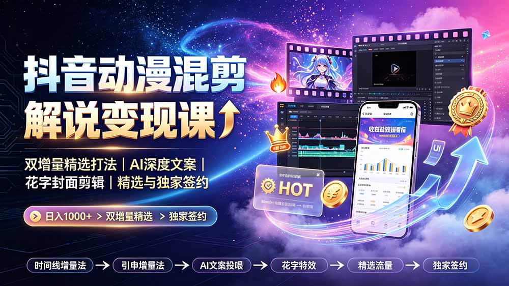 抖音动漫混剪解说变现课，双增量精选打法+AI文案+花字封面签约独家-创享网