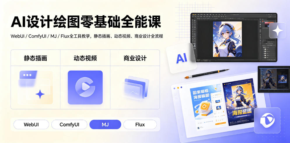 AI设计绘图零基础全能课，WebUI/ComfyUI/MJ/Flux全工具教学，静态插画+动态视频+商业设计全流程-创享网