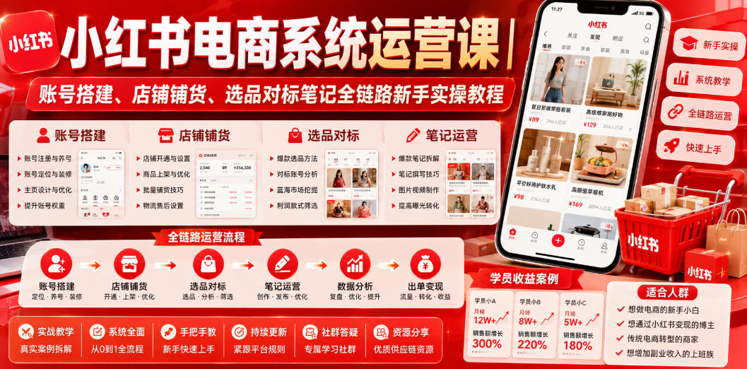 小红书无货源电商全链路实操课｜零基础账号店铺一体运营，爆款种草笔记轻松起店稳定出单 - 创享网-创享网