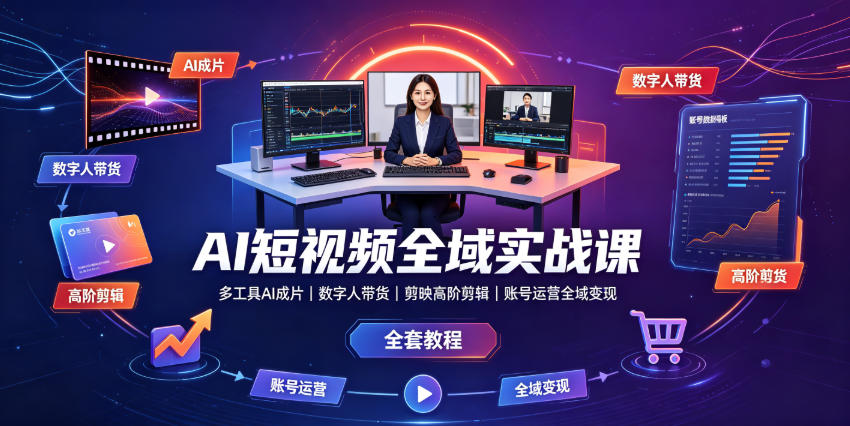 AI短视频全域实战，多工具AI成片+数字人带货+剪映高阶剪辑+账号运营全域变现全套落地-创享网