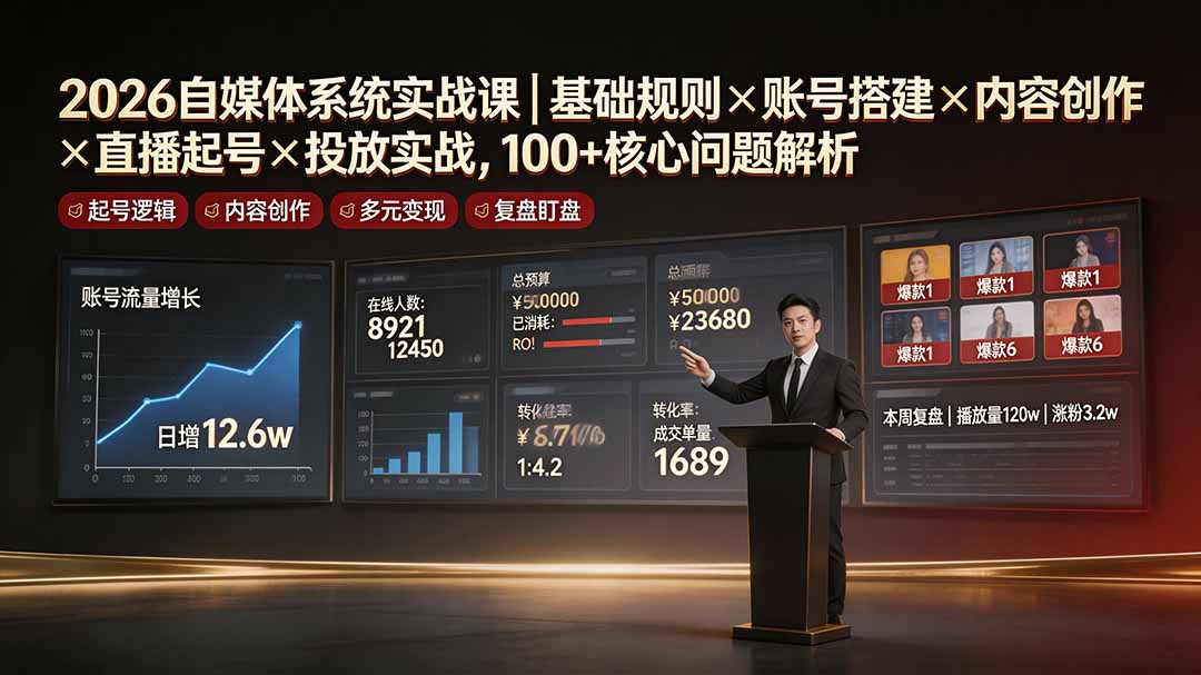 2026自媒体系统实战课，基础规则+账号搭建+内容创作+直播起号+投放实战全拆解-创享网