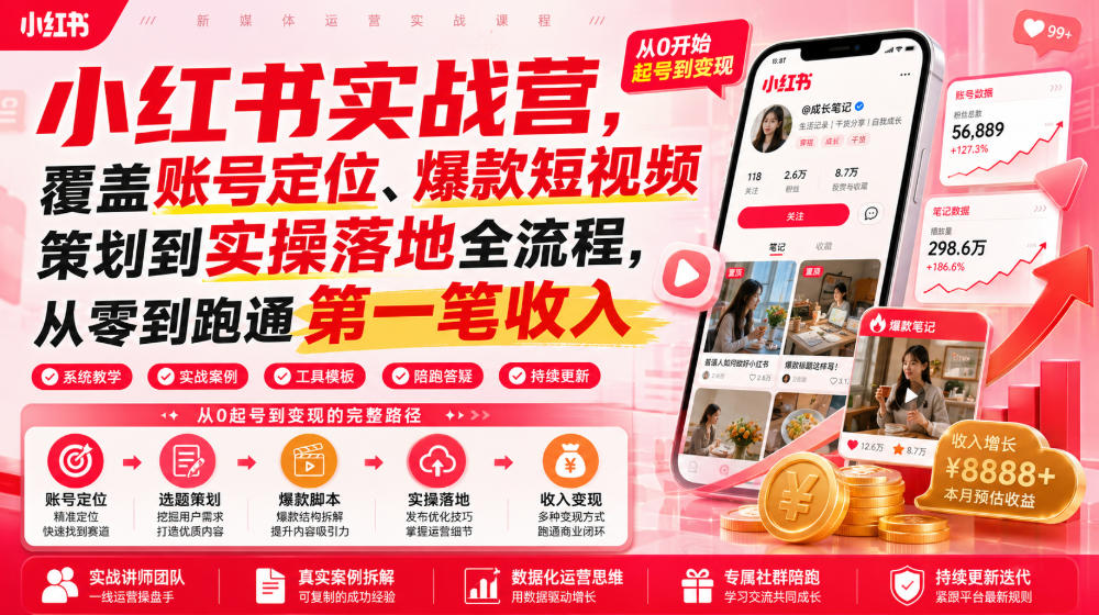 小红书实战营拆解，账号定位+爆款策划+实操落地15天从零到跑通第一笔收入-创享网