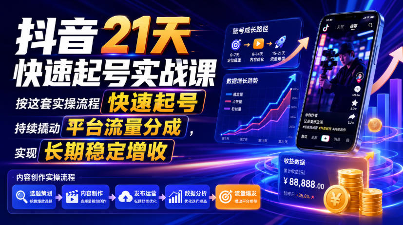 抖音21天快速起号实战:从0到百万流量,撬动平台长期收益分成-创享网