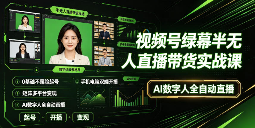 视频号绿幕半无人直播，0基础不露脸起号，手机电脑双端+AI数字人全自动-创享网
