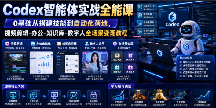 Codex智能体实战全能课，0基础搭建技能到自动化落地，视频剪辑+办公+知识库+数字人全场景变现 - 创享网-创享网