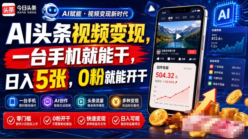 AI头条视频变现：一台手机日入5张，0粉开干 - 创享网-创享网