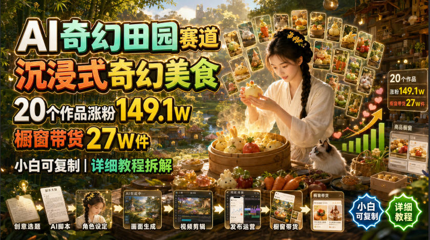 AI奇幻田园美食:20条作品涨粉149W,橱窗带货27W件,小白可复制-创享网