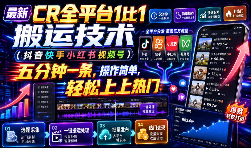 CR全平台1比1搬运：五分钟一条，抖音快手小红书视频号通用轻松上热门-创享网