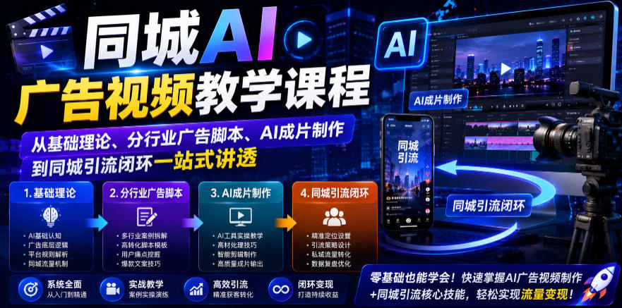 同城AI广告视频教学，基础理论+分行业脚本+AI成片+引流闭环一站式-创享网