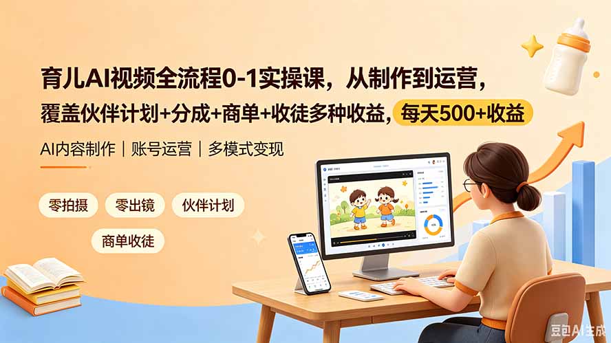 育儿AI视频全流程0-1实操，不用拍摄不用出镜，伙伴计划+分成+商单+收徒，日入500+ - 创享网-创享网