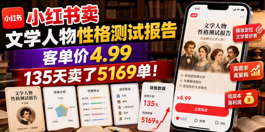 小红书文学人物性格测试，客单价4.99，135天5169单低门槛虚拟变现-创享网