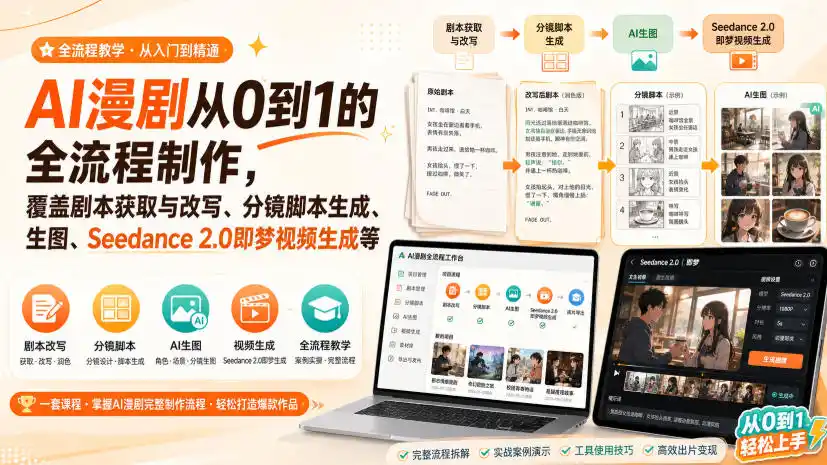 AI漫剧从0到1的全流程制作，覆盖剧本获取与改写、分镜脚本生成、角色场景生图与三视图、Seedance 2.0即梦视频生成(PDF版)-创享网