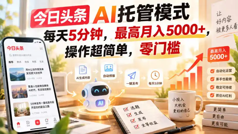 今日头条AI托管模式，每天5分钟，最高月入5000+，操作超简单，零门槛【揭秘】-创享网
