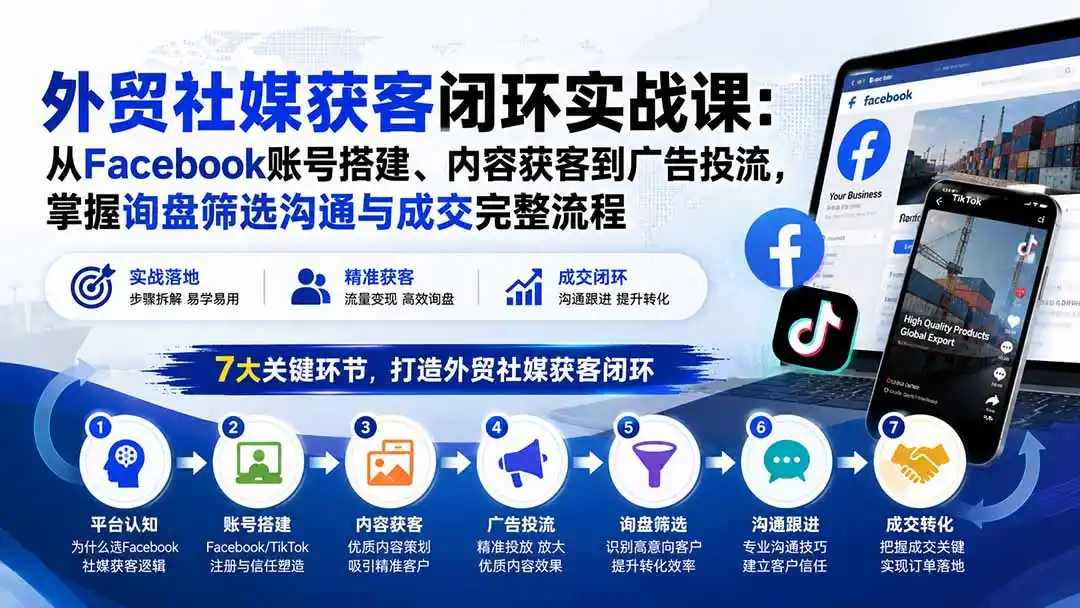 外贸社媒获客闭环实战课：从Facebook账号搭建、内容获客到广告投流，掌握询盘筛选沟通与成交完整流程-创享网
