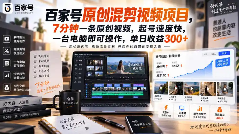 百家号原创混剪视频项目，7分钟一条原创视频，起号速度快，一台电脑即可操作，单日收益300+ - 创享网-创享网