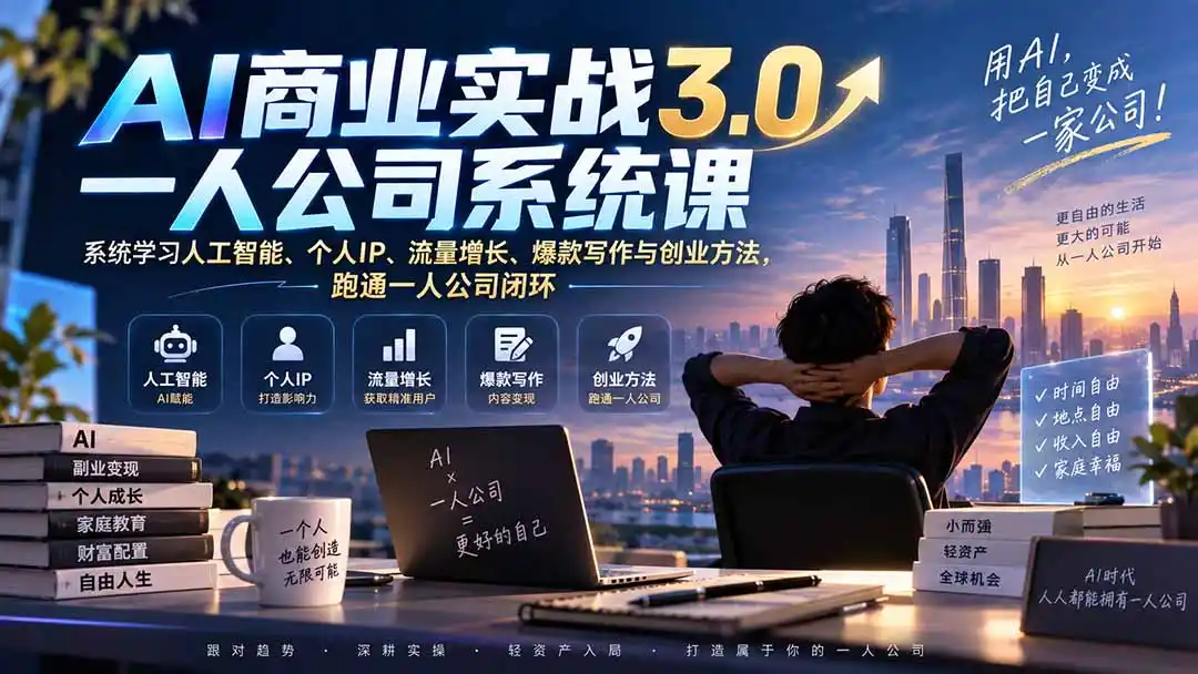 AI商业实战3.0一人公司系统课：系统学习人工智能、个人IP、流量增长、爆款写作与创业方法，跑通一人公司闭环-创享网
