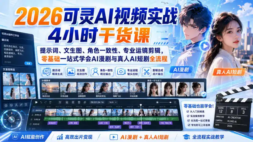 2026可灵AI视频实战4小时干货课｜提示词、文生图、角色一致性、专业运镜剪辑，零基础一站式学会AI漫剧与真人AI短剧全流程-创享网
