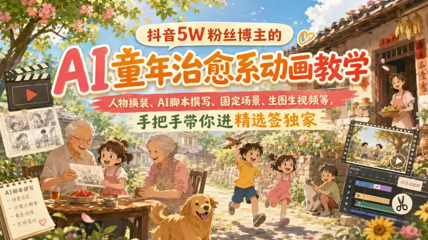 抖音5W粉丝博主的AI童年治愈系动画教学，人物换装、AI脚本撰写、固定场景、生图生视频等，手把手带你进精选签独家-创享网