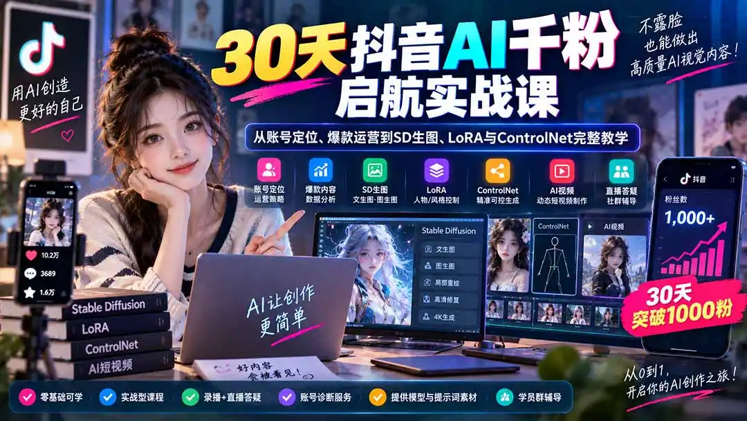30天抖音AI千粉启航实战课：从账号定位、爆款运营到SD生图、LoRA与ControlNet完整教学-创享网