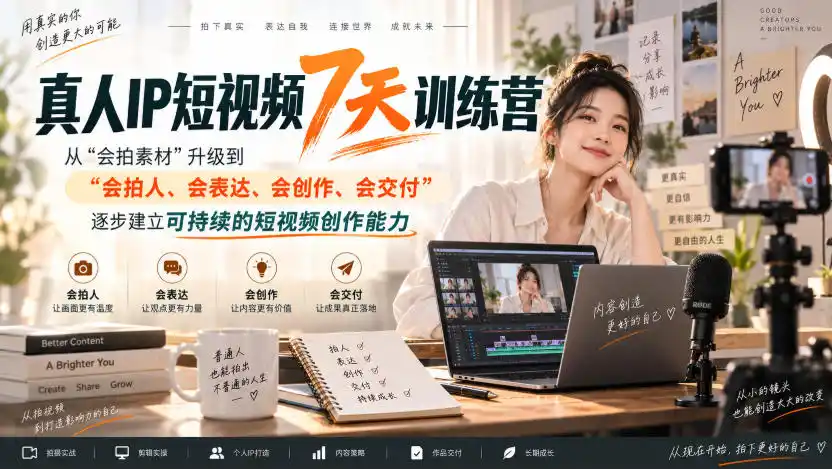 真人IP短视频7天训练营，从“会拍素材”升级到“会拍人、会表达、会创作、会交付”，逐步建立可持续的短视频创作能力-创享网
