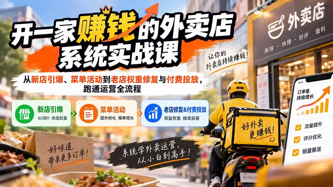 开一家赚钱的外卖店系统实战课：从新店引爆、菜单活动到老店权重修复与付费投放，跑通运营全流程-创享网