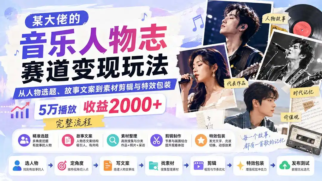 某大佬的音乐人物志赛道变现玩法：从人物选题、故事文案到素材剪辑与特效包装，5万播放收益2000+完整流程-创享网