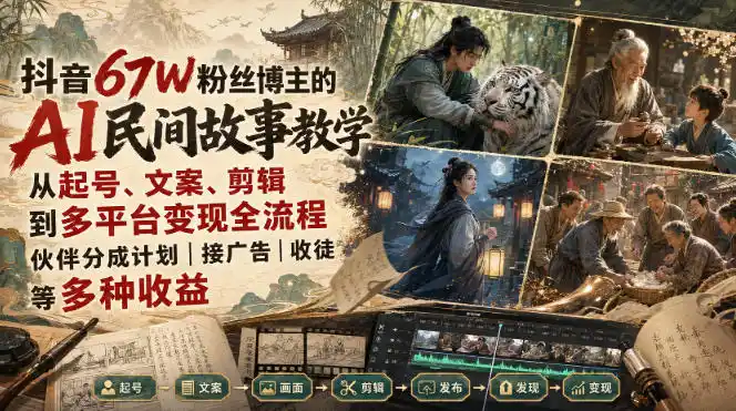 抖音67W粉丝博主的AI民间故事教学，从起号、文案、剪辑到多平台变现全流程，伙伴分成计划接广告等多种收益，月入1W+-创享网