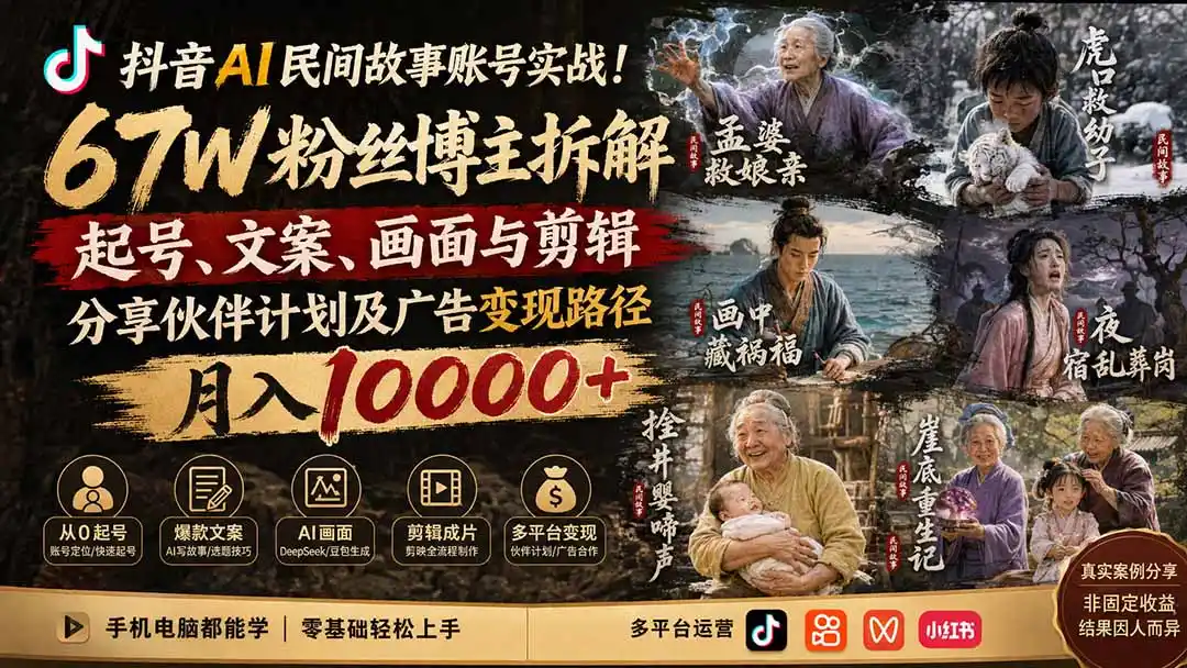 抖音AI民间故事账号实战！67W粉丝博主拆解起号、文案、画面与剪辑，分享伙伴计划及广告变现路径，月入10000+-创享网