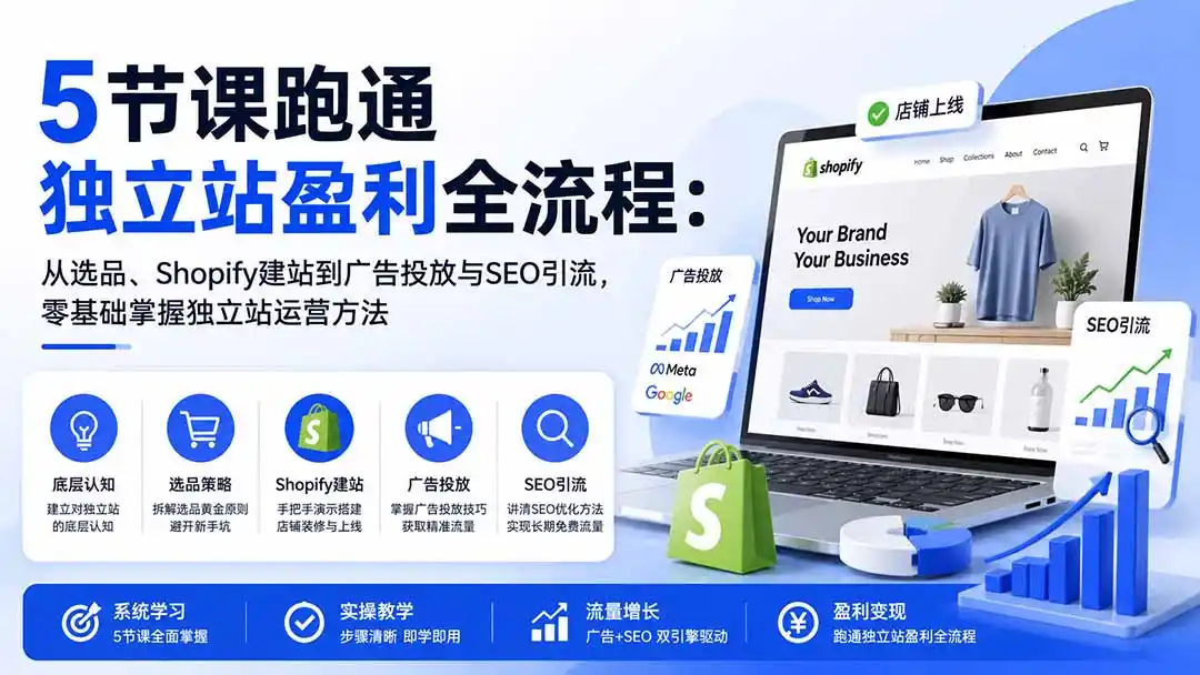 5节课跑通独立站盈利全流程：从选品、Shopify建站到广告投放与SEO引流，零基础掌握独立站运营方法-创享网