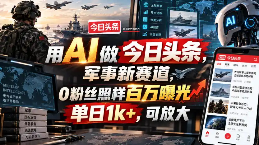 用AI做今日头条，军事新赛道，0粉丝照样百万曝光，单日1k+，可放大-创享网