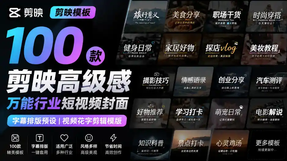 【剪映模板】100款剪映高级感万能行业短视频封面字幕排版预设视频花字剪辑模版 - 创享网-创享网