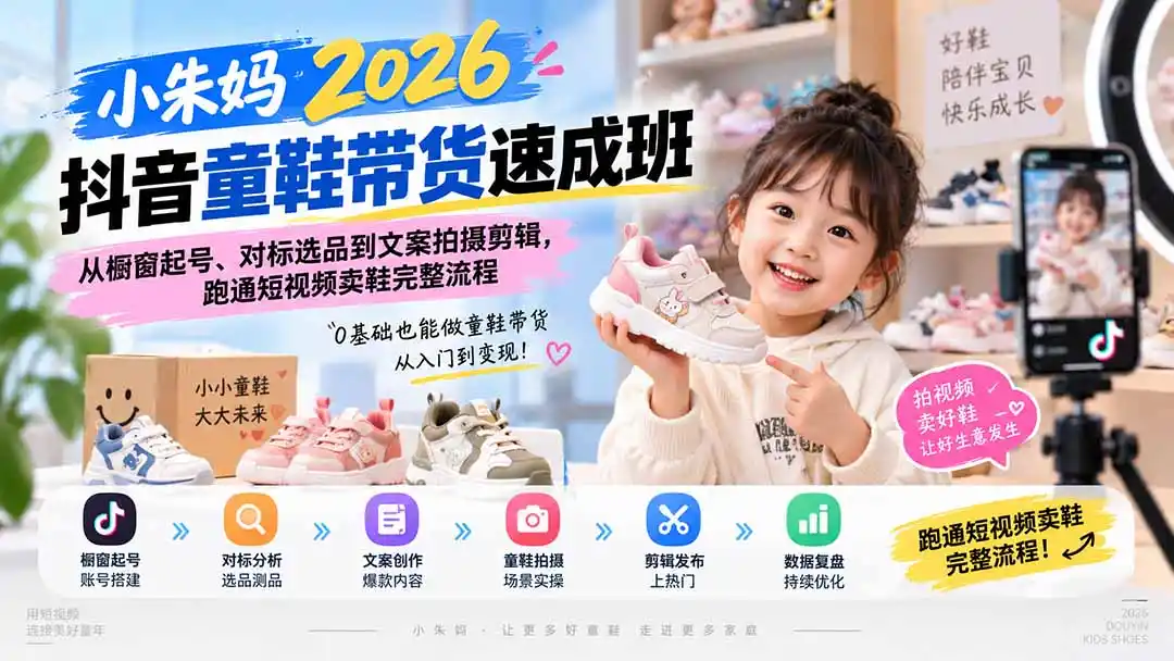 小朱妈2026抖音童鞋带货速成班：从橱窗起号、对标选品到文案拍摄剪辑，跑通短视频卖鞋完整流程 - 创享网-创享网