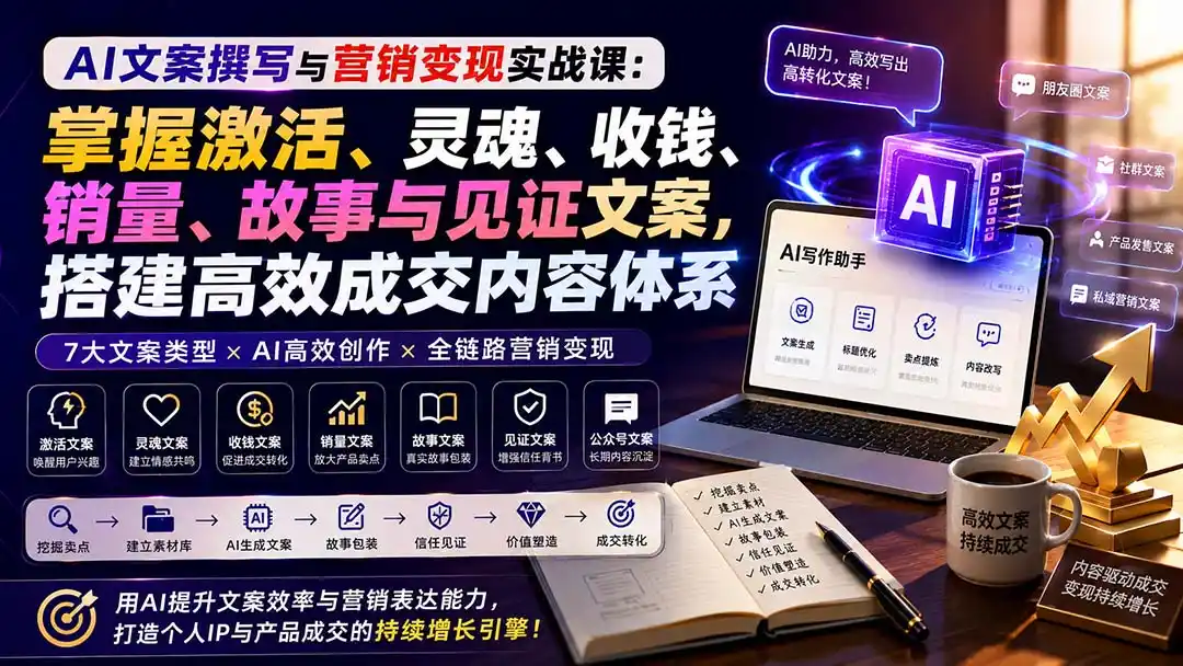 AI文案撰写与营销变现实战课：掌握激活、灵魂、收钱、销量、故事与见证文案，搭建高效成交内容体系-创享网