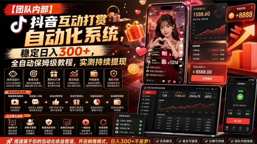 【团队内部】抖音互动打赏自动化系统，稳定日入300+，全自动保姆级教程，实测持续提现【揭秘】-创享网