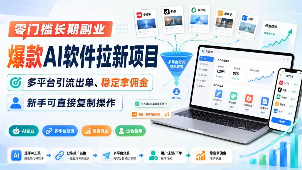 零门槛长期副业,爆款AI软件拉新项目,多平台引流出单、稳定拿佣金,新手可直接复制操作-创享网