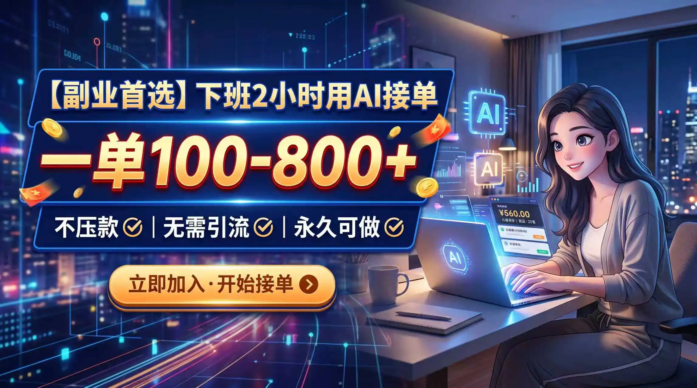 下班2小时用AI接单，一单100-800+，不压款，无需引流，永久可做-创享网