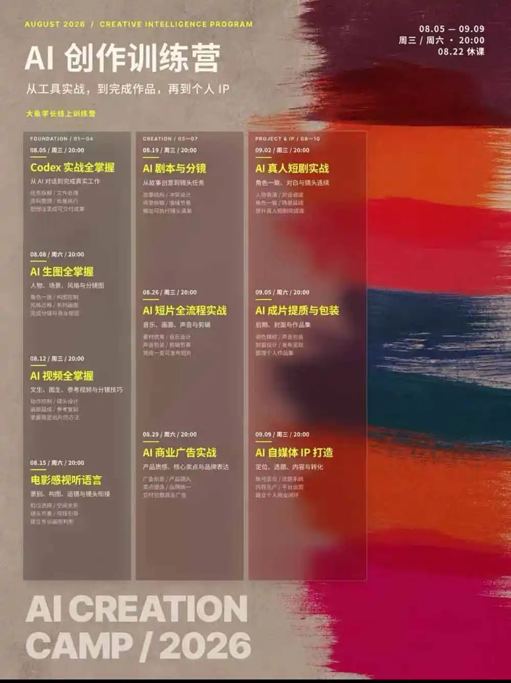AI+创作训练营26年8月第5期：从Codex、AI生图视频到剧本分镜与电影感短片，跑通个人IP商业闭环