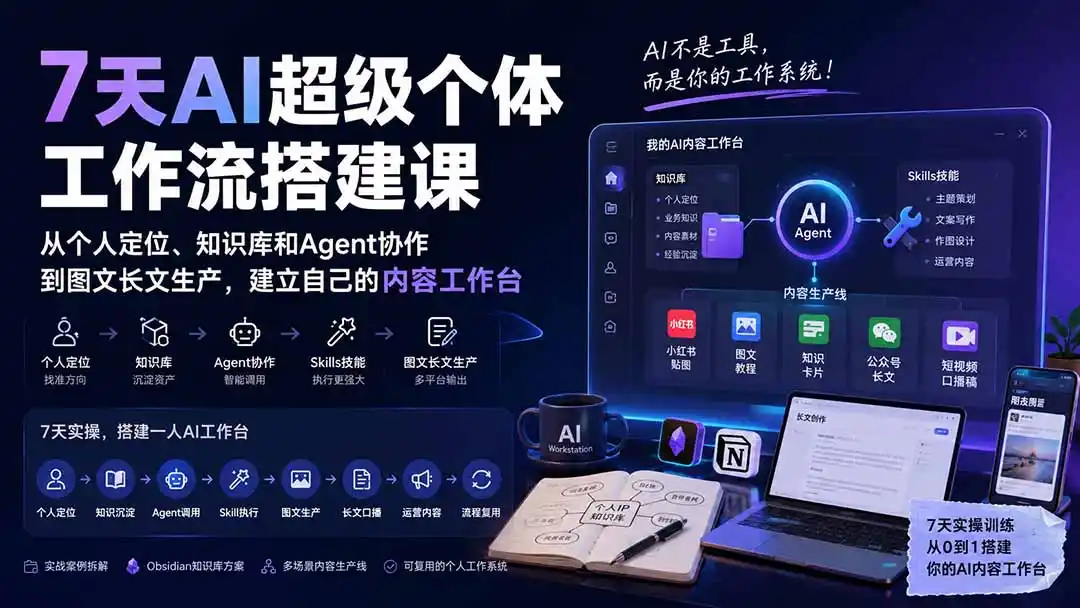 7天AI超级个体工作流搭建课：从个人定位、知识库和Agent协作到图文长文生产，建立自己的内容工作台 - 创享网-创享网