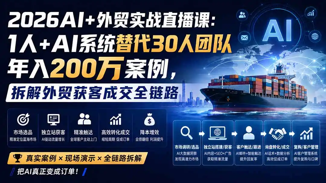 2026AI+外贸实战直播课：1人+AI系统替代30人团队年入200万案例，拆解外贸获客成交全链路-创享网