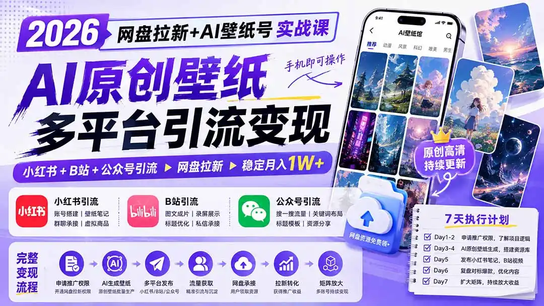 2026网盘拉新+AI壁纸号实战课：AI原创壁纸+小红书+B站+公众号引流，手机即可操作，月入1W+-创享网
