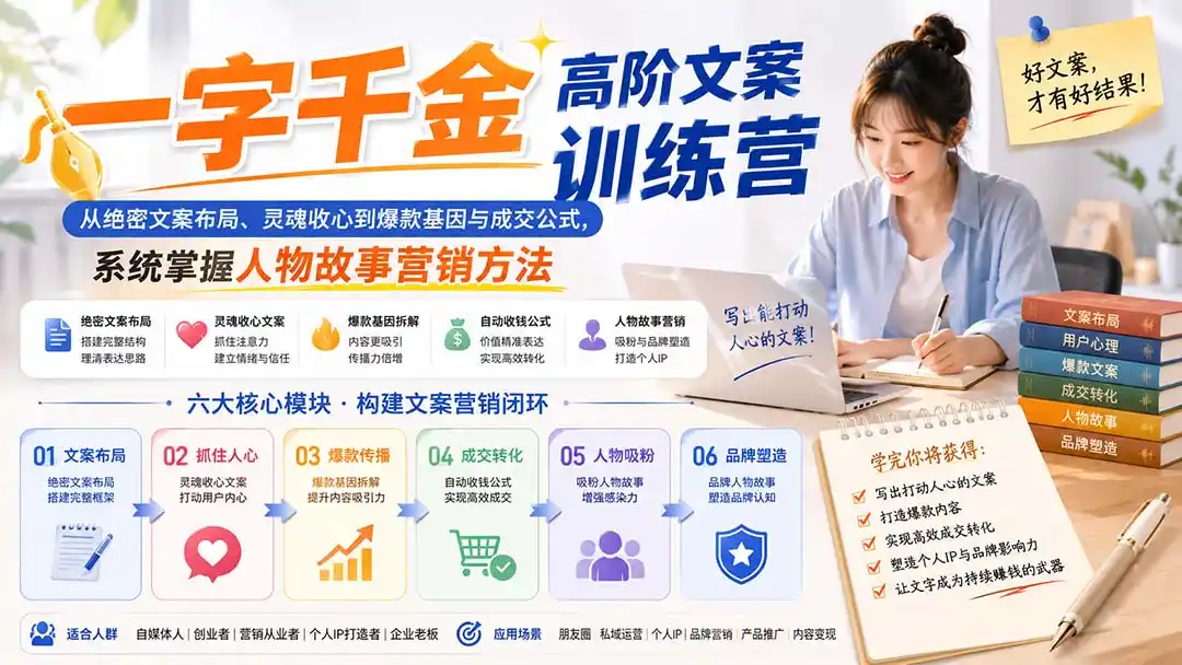 一字千金高阶文案训练营：从绝密文案布局、灵魂收心到爆款基因与成交公式，系统掌握人物故事营销方法-创享网