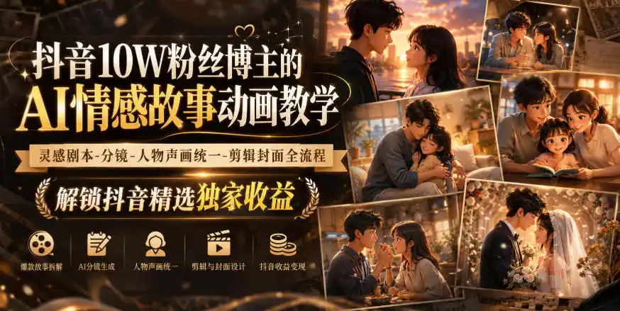 抖音10W粉丝博主的AI情感故事动画教学，灵感剧本‑分镜‑人物声画统一‑剪辑封面全流程，解锁抖音精选独家收益-创享网