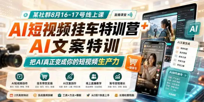 某社群8月16-17号线上课，AI短视频挂车特训营+AI文案特训，把AI真正变成你的短视频生产力-创享网