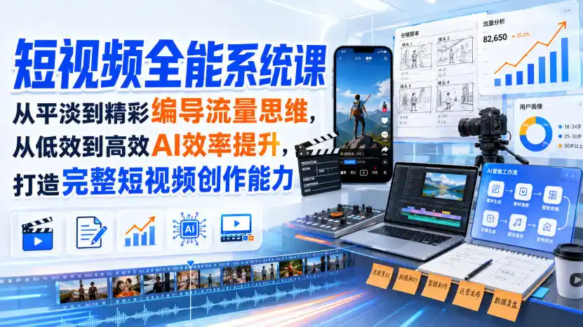短视频全能系统课，从平淡到精彩编导流量思维，从低效到高效AI效率提升，打造完整短视频创作能力(2026年8月30更新233集)-创享网