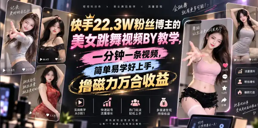 快手22.3W粉丝博主的美女跳舞视频搬运教学，快手MT搬运，一分钟一条视频，简单易学好上手，撸磁力万合收益-创享网